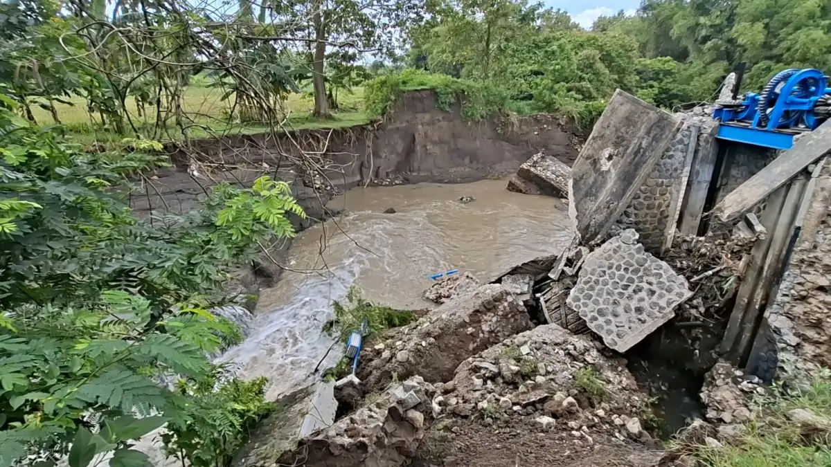 Kondisi Dam Kedungrejo yang ambrol mengancam pasokan air irigasi bagi ribuan hektare sawah di Pilangkenceng. LODITYA FERNANDES/RADAR MADIUN