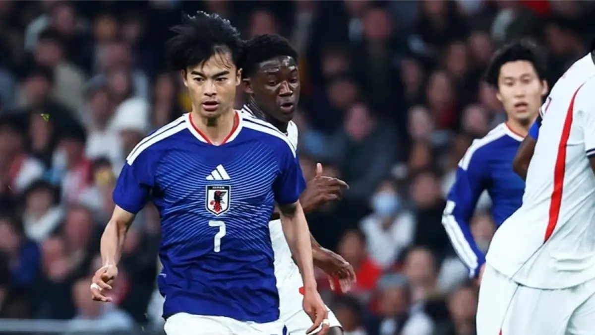 CETAK SEJARAH: Pemain Timnas Jepang Kaoru Mitoma berhasil menjebol gawang Inggris dan menjadikan timnya sebagai tim Asia pertama mengalahkan Inggris. (IG @japanfootballassociation)