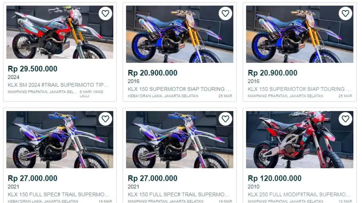 Daftar harga KLX Bekas tahun lama 2026 untuk bahan Supermoto. (ISTIMEWA/OLX)