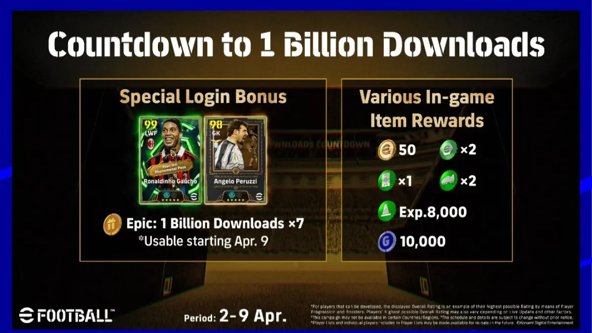 eFootball rayakan 1 miliar unduhan dengan hadiah login gratis hingga 7 Epic Draw dan bonus koin, berlaku April 2026. (Konami)