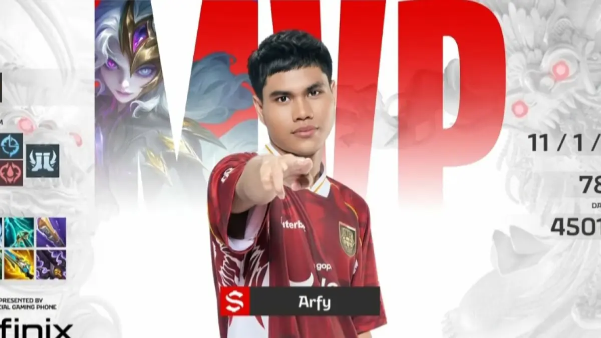 Arfy AE yang memakai hero Obsidia membuat kejutan dengan mencetak double savage dalam satu game. Ini rekor baru di MPL ID. (MPL Indonesia)