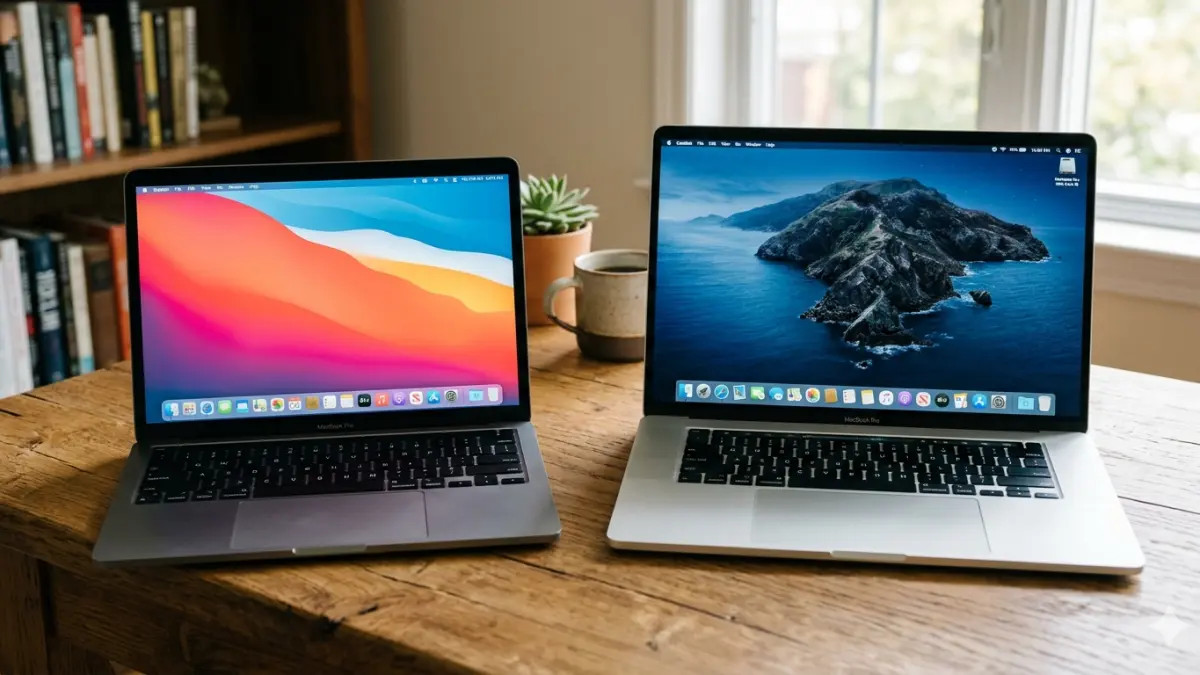 Ilustrasi macbook pro m1 dan macbook intel i9