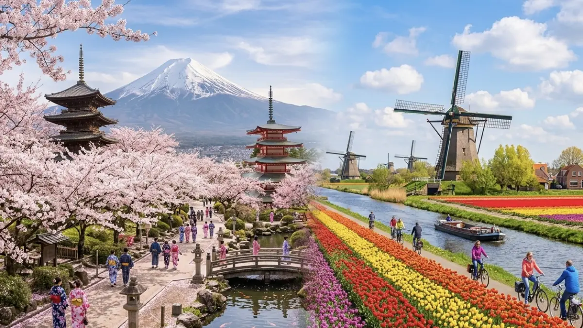 Ilustrasi musim semi di jepang dan belanda