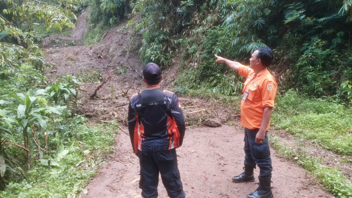 LUMPUH: Petugas BPBD Kabupaten Madiun meninjau akses jalan Kare–Dagangan yang tertutup material longsor setinggi 10 meter. FOTO: BPBD KABUPATEN MADIUN