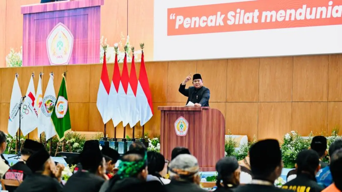 Presiden Prabowo memberi sambutan di Munas XVI Ikatan Pencak Silat Indonesia 2026-2030 di Jakarta, Sabtu (11/4). (ANTARA)