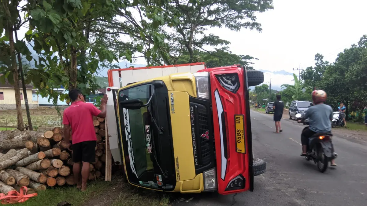 Truk bermuatan kayu sengon terguling di jalur JLS Pacitan setelah sopir menghindari sepeda motor. FOTO: SATLANTAS POLRES PACITAN