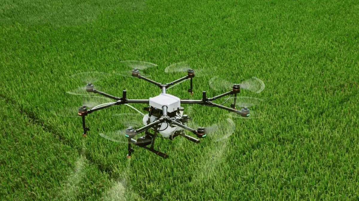 Ilustrasi pertanian modern, di mana salah satu penerapannya adalah pemupukan menggunakan drone. (CLOUD COMPUTING)