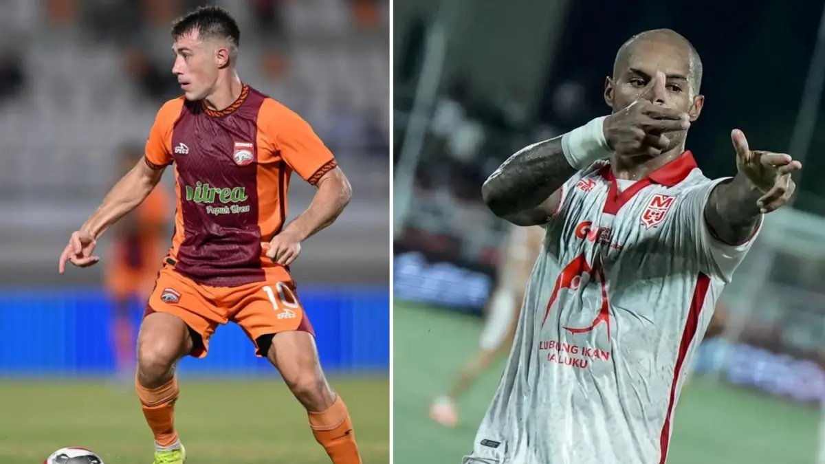 SEMENTARA: Striker Malut United David da Silva memimin top skor sementara BRI Super League diikuti pemain Borneo FC Mariano Peralta. (kolase foto)