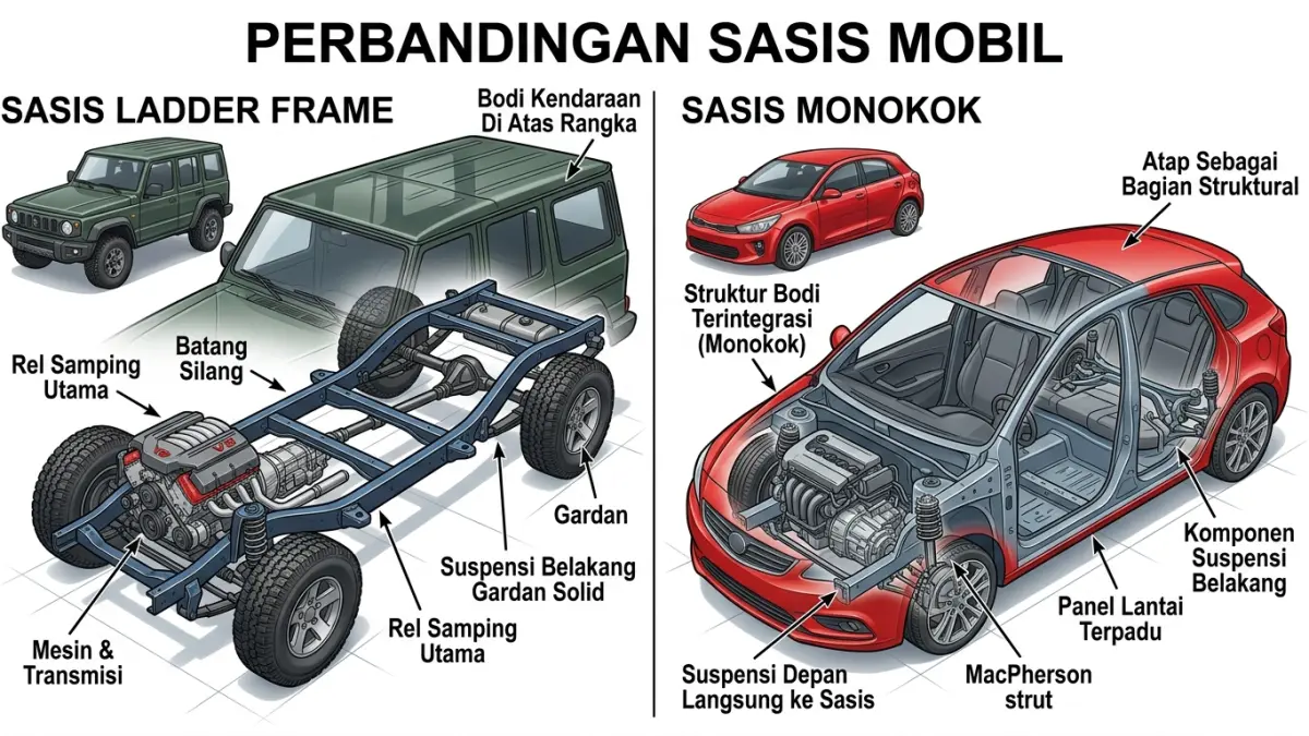 Ilustrasi Perbedaan sasis ladder frame dan sasis monokok