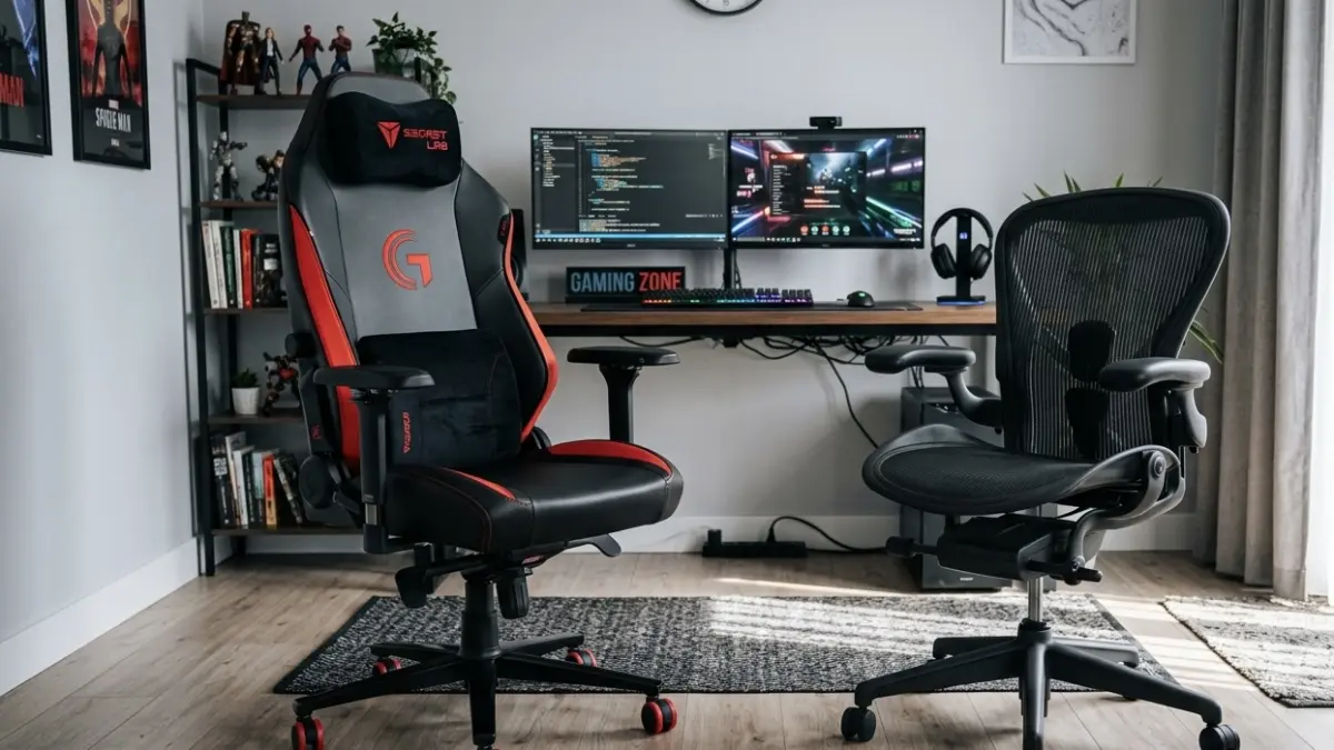 Ilustrasi kursi gaming ( merah) dan kursi kerja (hitam) 