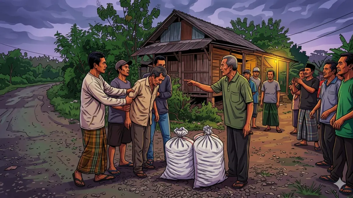 Warga Desa Semanten, Pacitan, mengamankan terduga pelaku pencurian porang setelah tertangkap saat mengambil dua karung umbi. ILUSTRASI GRAFIS: RADAR MADIUN