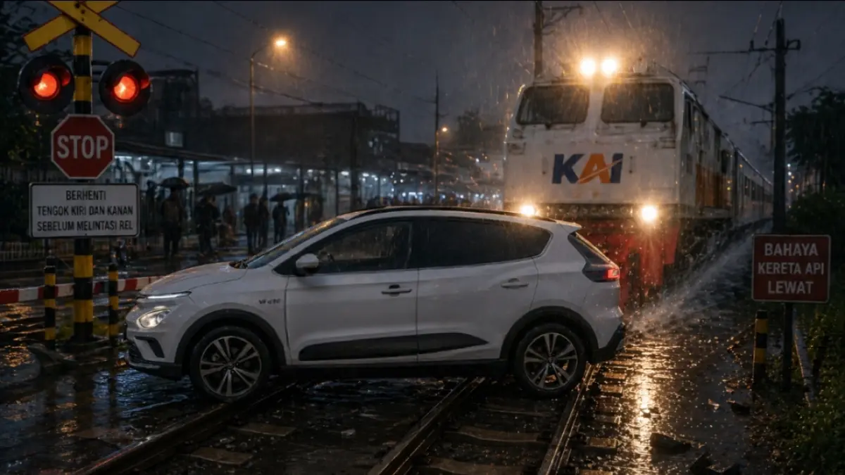 Ilustrasi mobil mogok di perlintasan kereta api. 