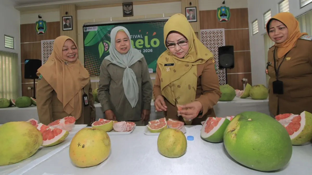 POTENSI LOKAL: Bupati Magetan Nanik Endang Rusminiarti bersama Kepala DTPHP Uswatun Chasanah meninjau Festival Pamelo 2026. (AJI PUTRA/RADAR MADIUN)