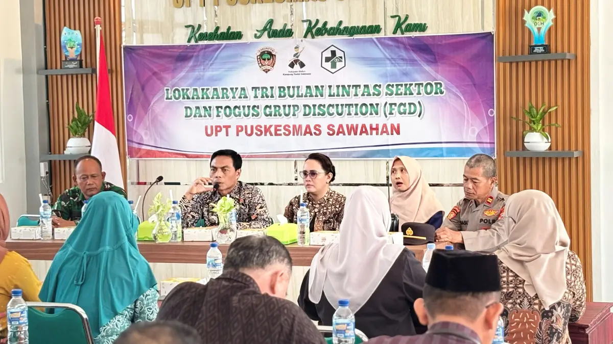 UPT Puskesmas Sawahan, Kabupaten Madiun, menggelar Lokakarya Tri Bulanan Lintas Sektor dan Focus Group Discussion (FGD) yang digelar di aula UPT Puskesmas Sawahan, Kamis (30/4).