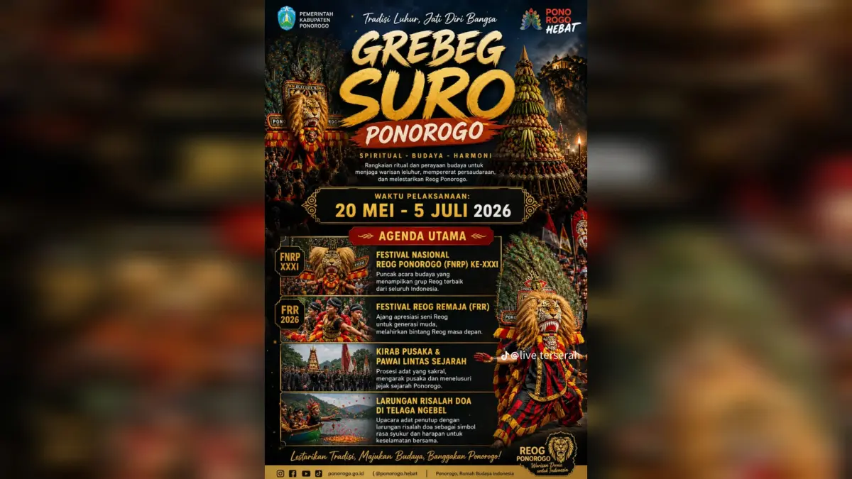 Pertunjukan Reog Ponorogo dalam rangkaian Grebeg Suro, agenda budaya tahunan yang menjadi daya tarik wisata daerah.