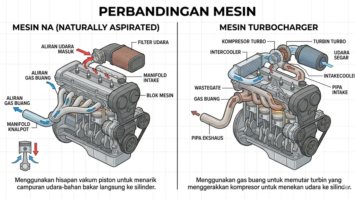 Ilustrasi perbedaan mesin N/A dan mesin turbo