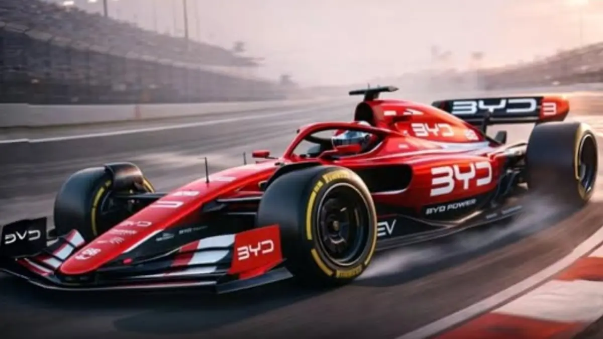 Ilustrasi mobil balap BYD di lintasan Formula 1. (Facebook)