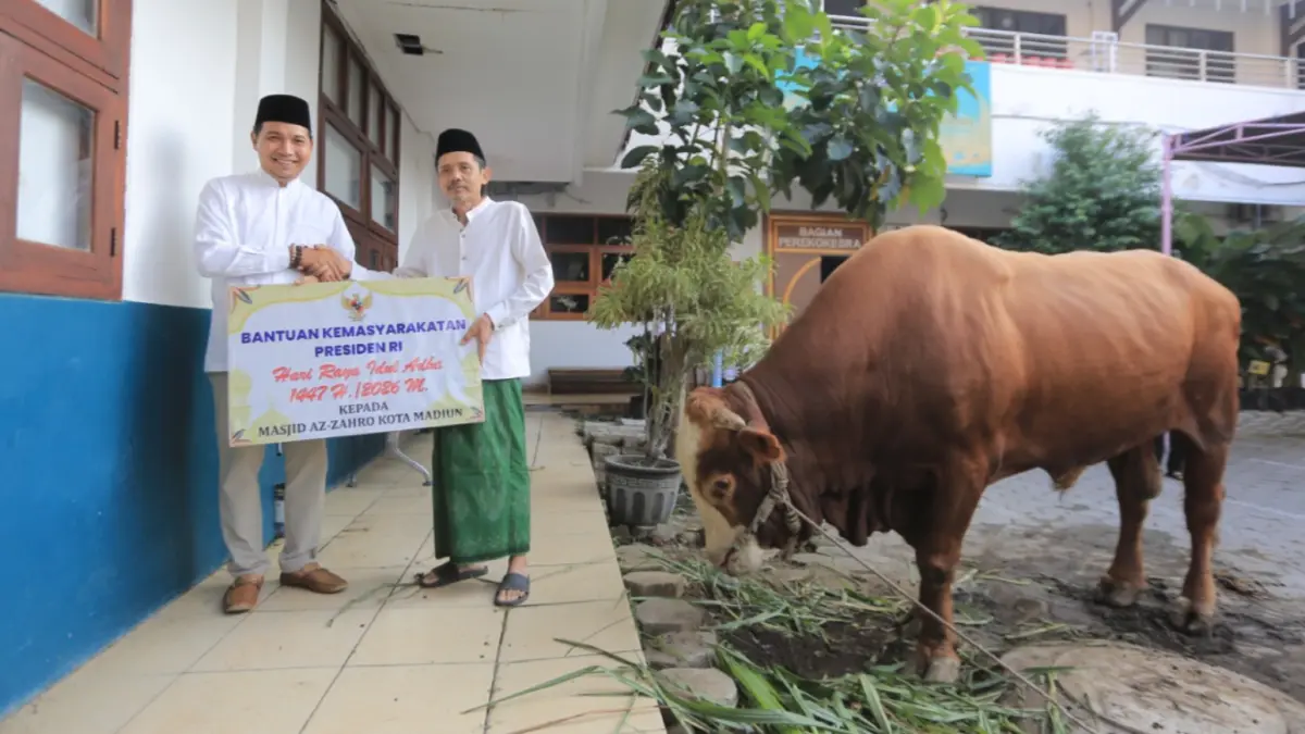 Plt Wali Kota Madiun F Bagus Panuntun menyerahkan sapi bantuan Presiden Prabowo Subianto kepada takmir Masjid Az-Zahro. BAGAS BIMANTARA/JAWA POS RADAR MADIUN
