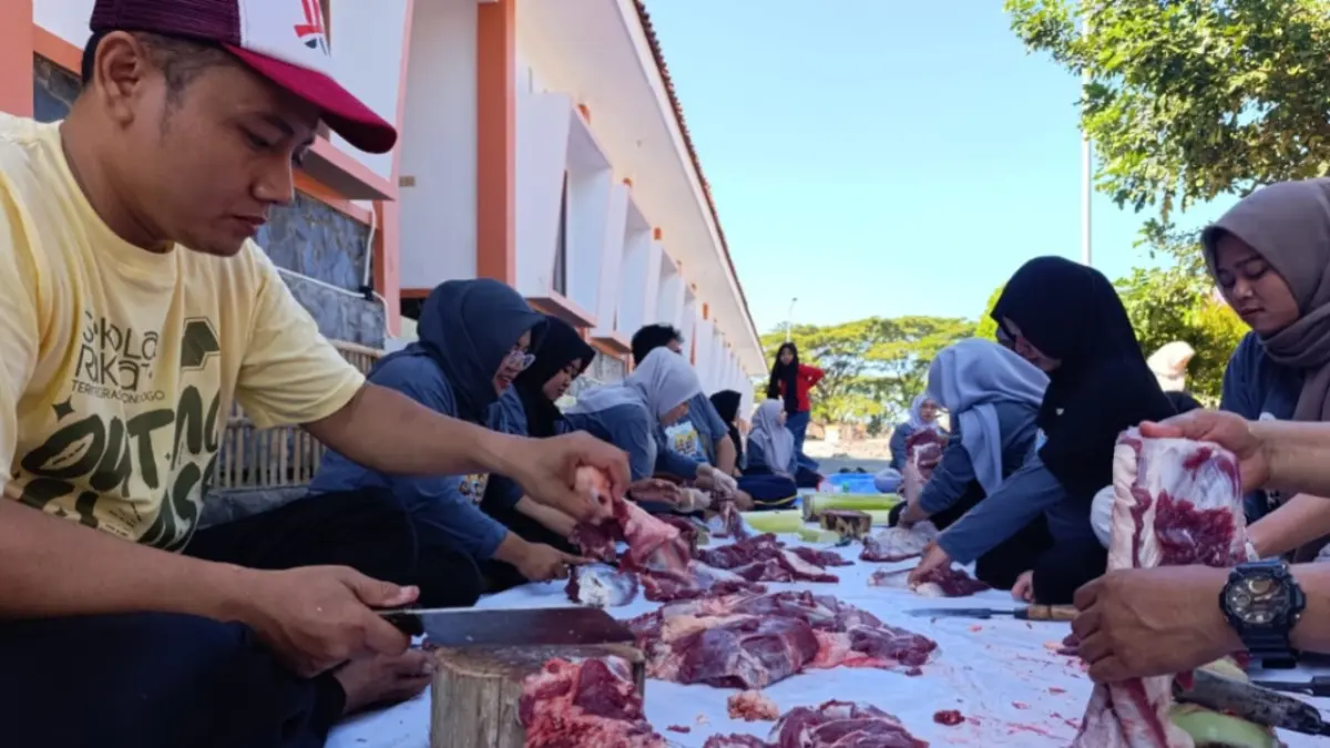 Siswa Sekolah Rakyat Ponorogo mengikuti proses penyembelihan dan pembagian daging kurban. SUGENG DWI N/JAWA POS RADAR PONOROGO