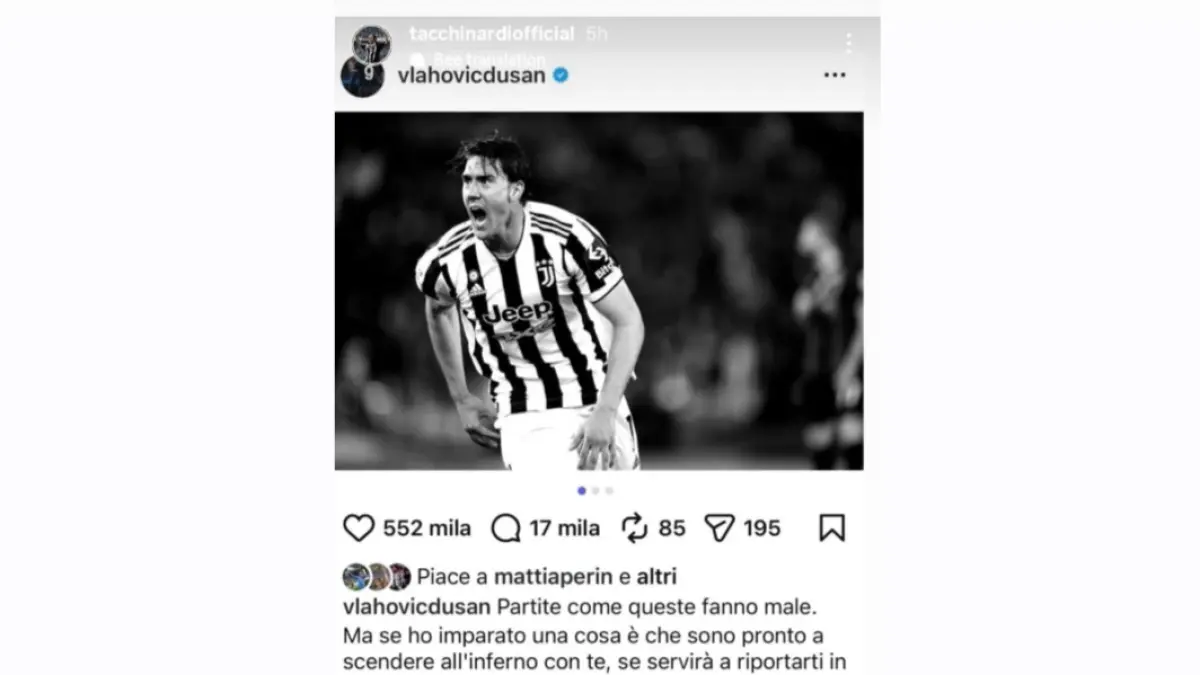 Unggahan story Instagram Alessio Tacchinardi tentang Dusan Vlahovic. (Instagram @tacchinardiofficial)