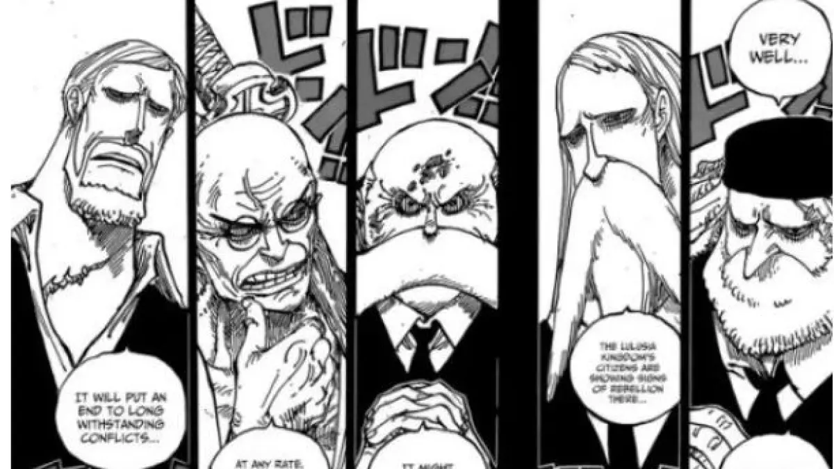 Ilustrasi keterlibatan Gorosei atas hancurnya Kerajaan Esperia di baca komik One Piece 1185.