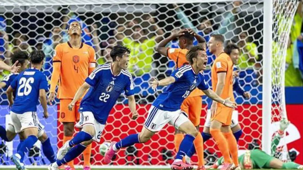 Para pemain Timnas Jepang merayakan gol ke gawang Belanda di Piala Dunia 2026.