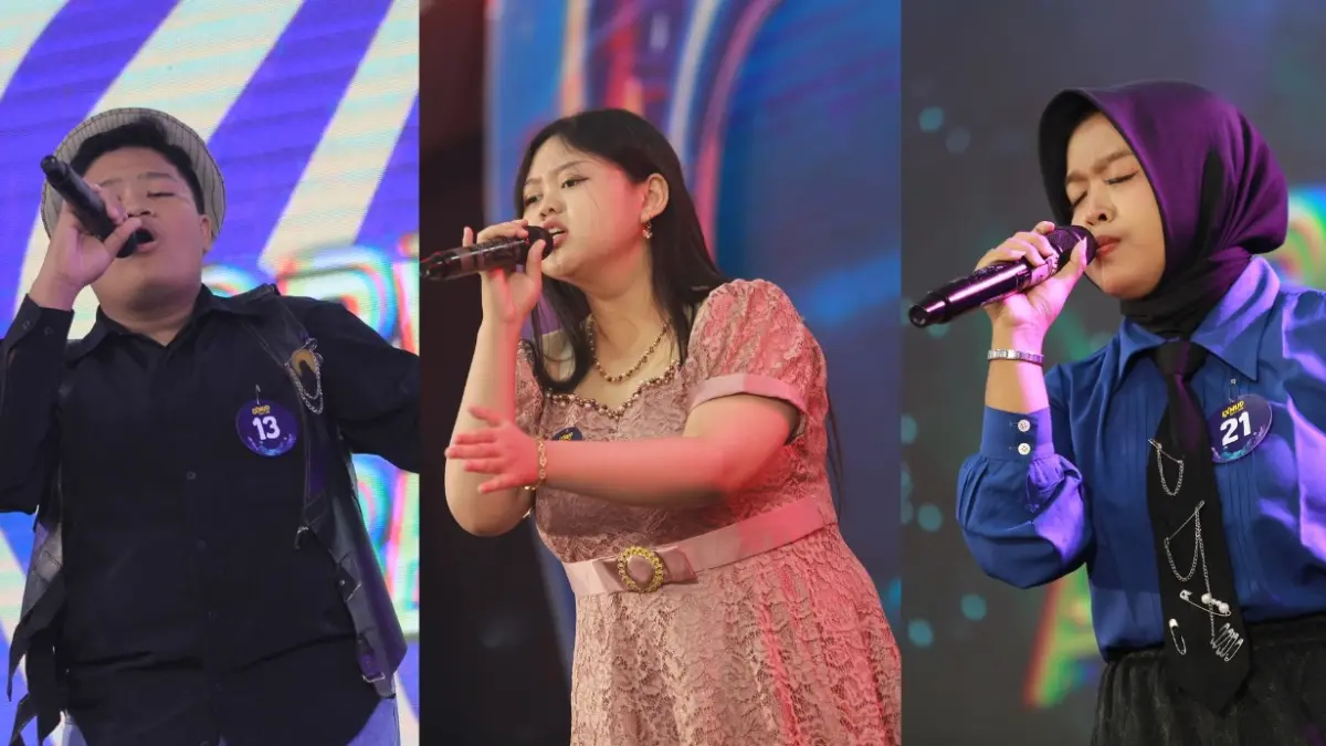 Para peraih juara Singing Competition Exmud Party 2026. Juara 3 Orva Balindra Belva Syafif (paling kiri), Juara 2 Princess Aulia Azahra (paling kanan), Juara 1 Miftah Aura Ilmi (tengah). (BAGAS BIMANTARA-AJI PUTRA/RADAR MADIUN)