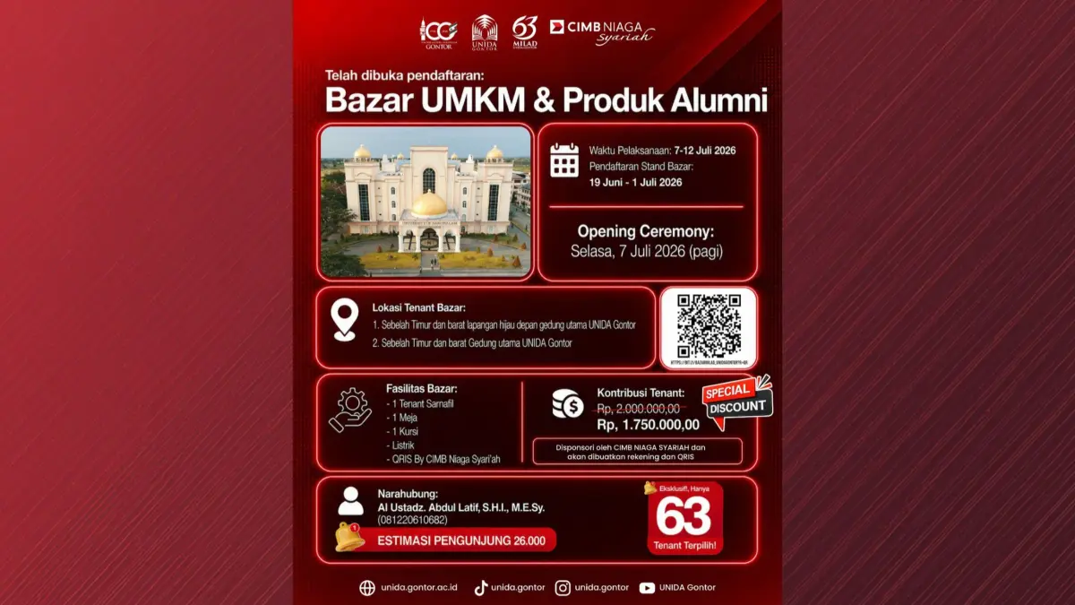 Milad ke-63 UNIDA Gontor digelar 6–12 Juli 2026 dengan bazar UMKM, Fun Run, Tablig Akbar Ustaz Adi Hidayat, hingga target 36 ribu pengunjung.