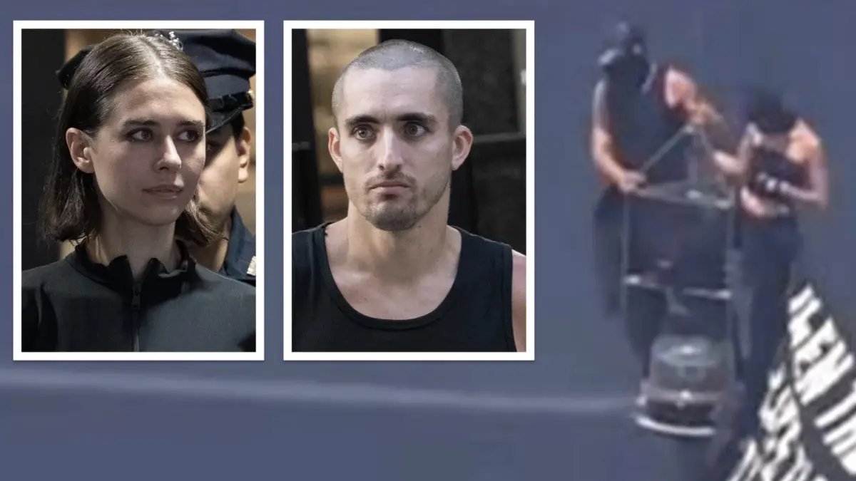 Angela Nikolau and Ivan Beerkus after their arrest and while on the spire of the Empire State Building. (New York Daliy News; CBS 2 News)