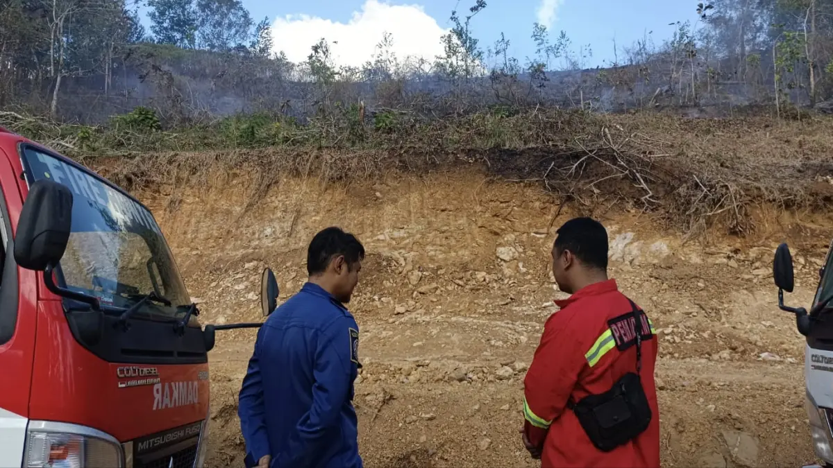 KEBAKARAN: Petugas gabungan berjibaku memadamkan kebakaran hutan dan lahan di Dusun Lumbu, Desa Sambong, Kecamatan Pacitan. NUR CAHYONO/RADAR PACITAN