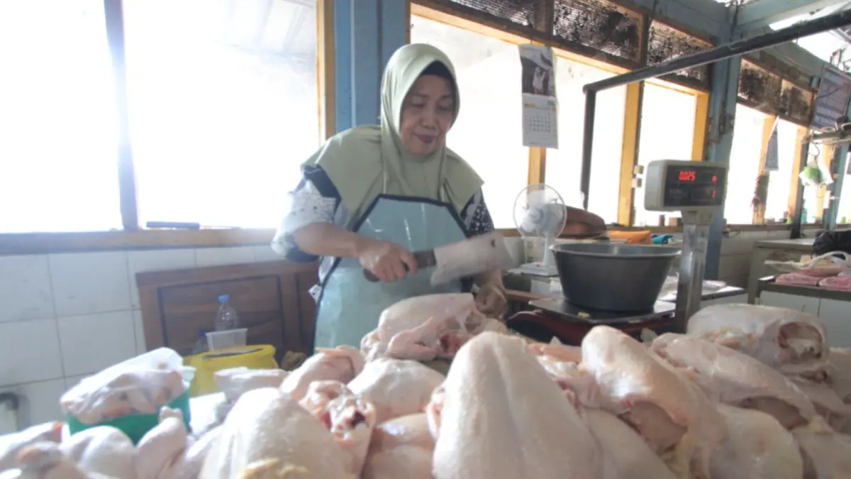 HARGA TURUN: Harga daging ayam di Pasar Sayur Magetan turun dalam dua pekan terakhir. AJI PUTRA/RADAR MAGETAN