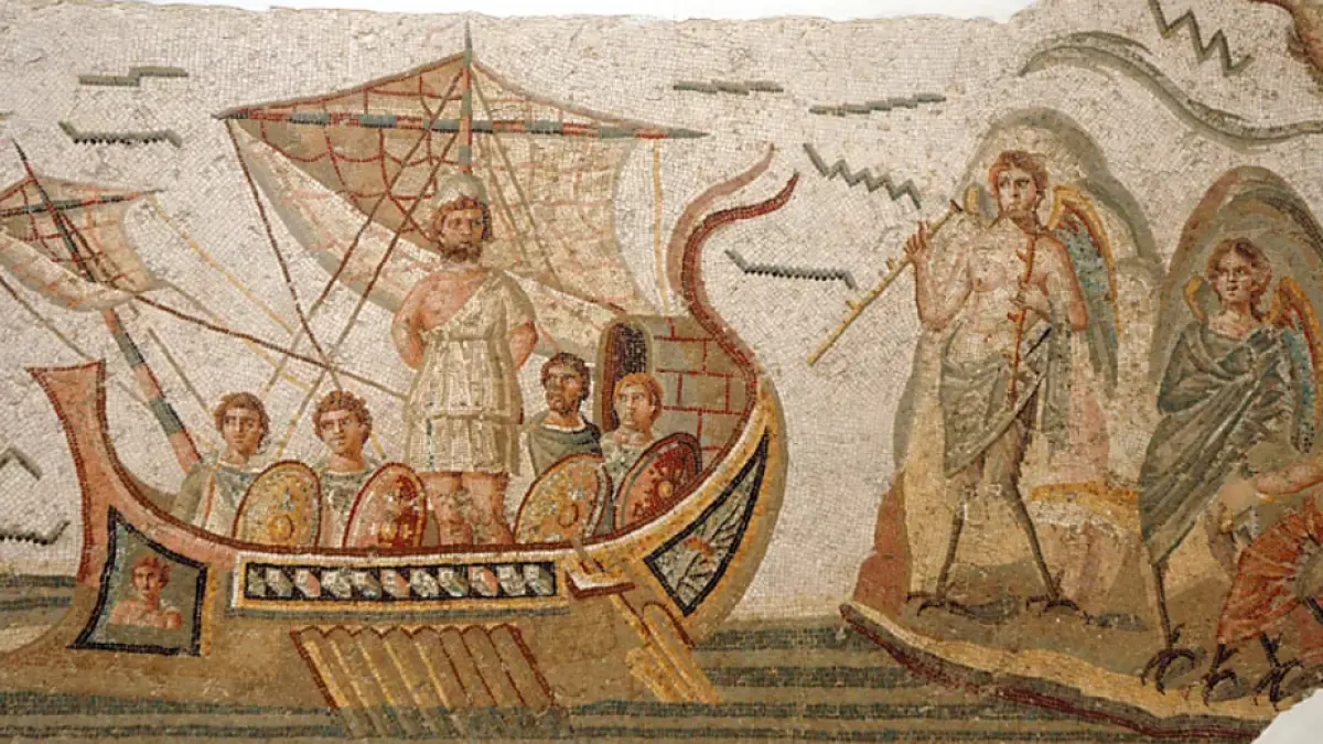 Mosaik kuno yang menggambarkan pertemuan Odysseus dengan para Siren dalam The Odyssey, salah satu kisah yang menunjukkan peran perempuan dalam membentuk perjalanan dan nasib sang pahlawan. (BBC)