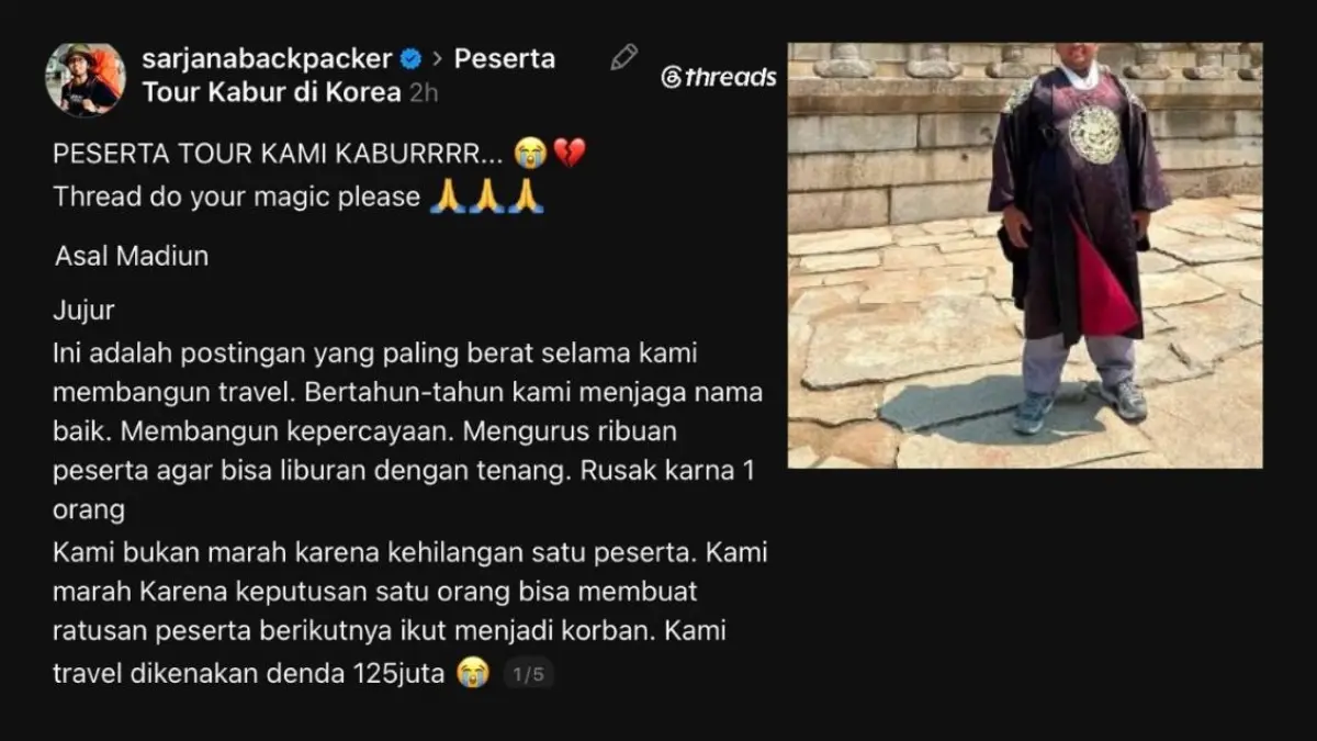 Unggahan biro perjalanan viral di media sosial usai mengungkap cerita salah satu peserta tur asal Madiun hilang di Korea. (THREADS)