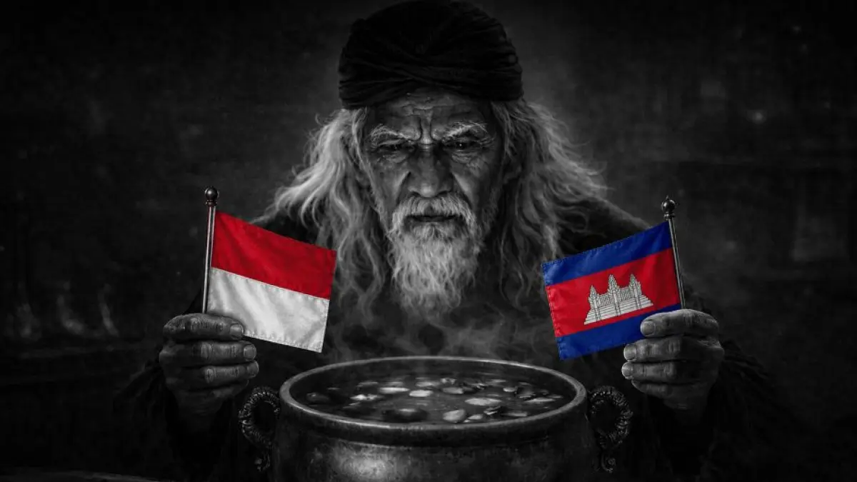 Mbah Sakat sedang meramal pertandingan Indonesia vs Kamboja di Piala AFF 2026.