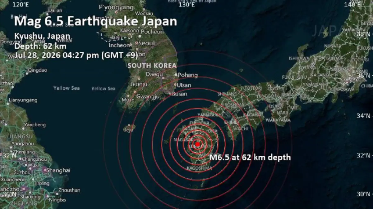 Peta sebaran gempa Magnitudo 6,5 yang mengguncang Kyushu, Jepang, pada 28 Juli 2026. Gempa berpusat di kedalaman 62 kilometer. (volcanodiscovery.com)