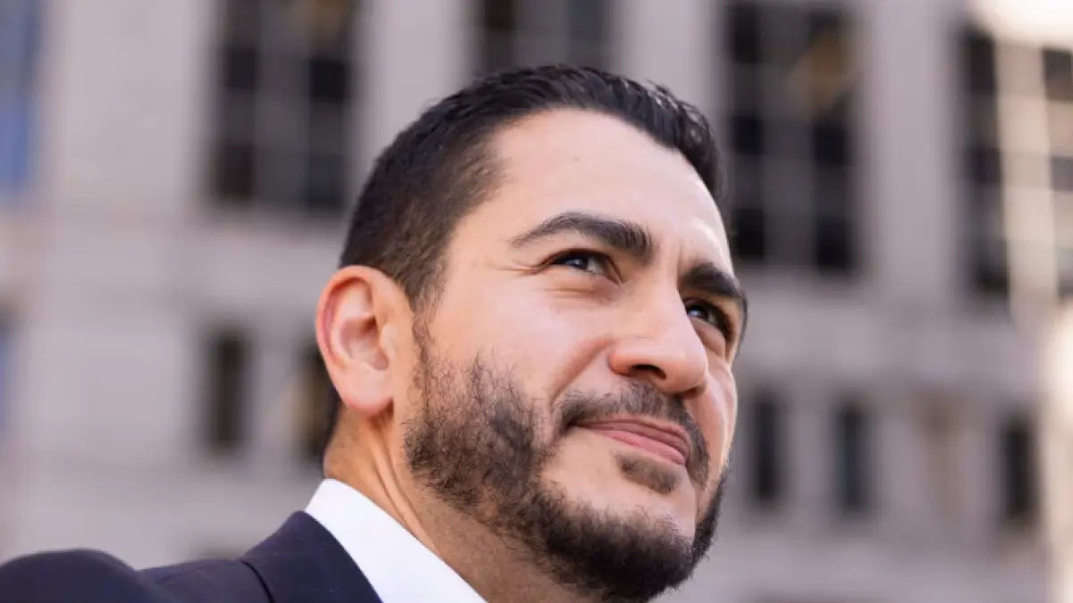 Michigan Democratic Senate primary winner Abdul El-Sayed arrives to a press conference in front of the Spirit of Detroit statue on Wednesday. (CNN)