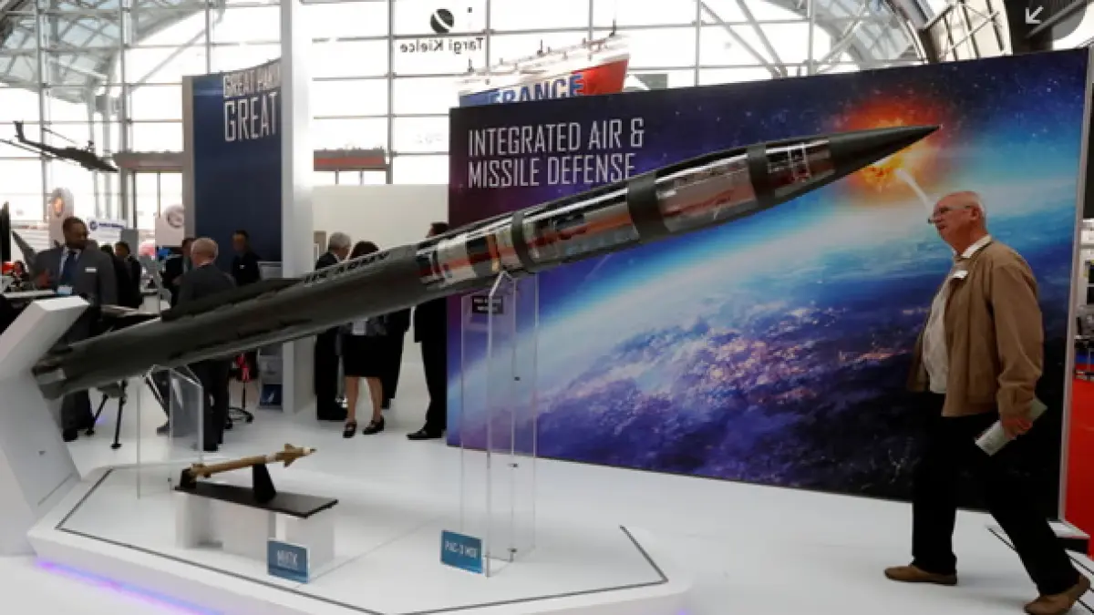 Patriot PAC-3 MSE model on display at an arms fair in Kielce, Poland in 2017. Lockheed Martin has announced a lower priced version, the ACE.  (The Guardian)