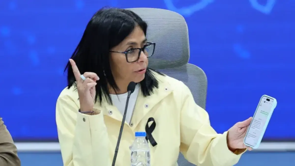 Delcy Rodriguez, presiden sementara Venezuela, saat konferensi pers di Istana Miraflores pada 2 Juli 2026 di Caracas, Venezuela (Al Jazeera)