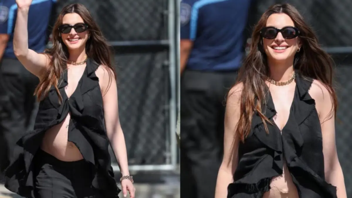 Anne Hathaway memamerkan perut buncitnya dengan busana serba hitam di acara Jimmy Kimmel Live! (Hindustan Times)