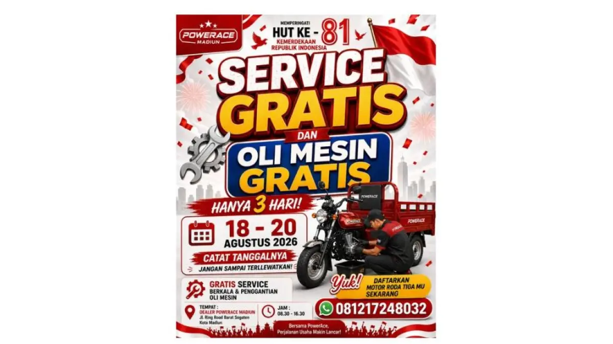PowerAce Madiun menyediakan servis gratis motor roda tiga semua merek di momen HUT ke-81 RI.
