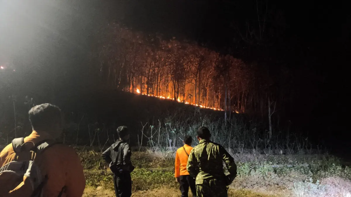 PADAMKAN API: Personel gabungan membuat sekat bakar dan memadamkan api yang melalap sekitar tiga hektare hutan rakyat di Desa Mategal, Kecamatan Parang, Magetan. (BPBD untuk Radar Magetan)