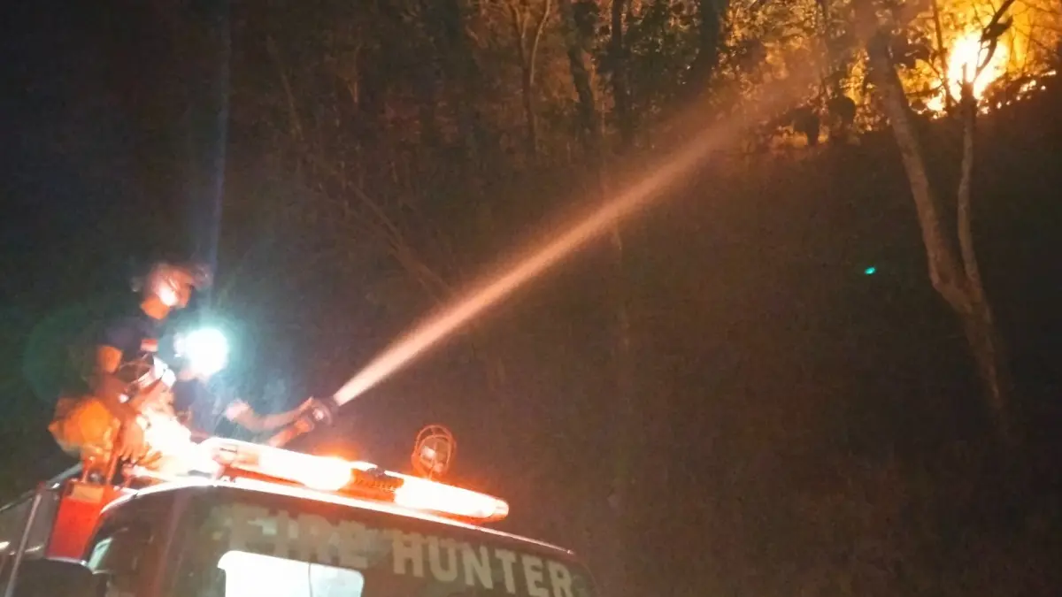BERKOBAR: Petugas damkar memadamkan kebakaran lahan di Desa Gunungsari, Kecamatan Arjosari, Pacitan, Selasa (18/8) malam. DAMKAR UNTUK JAWA POS RADAR PACITAN