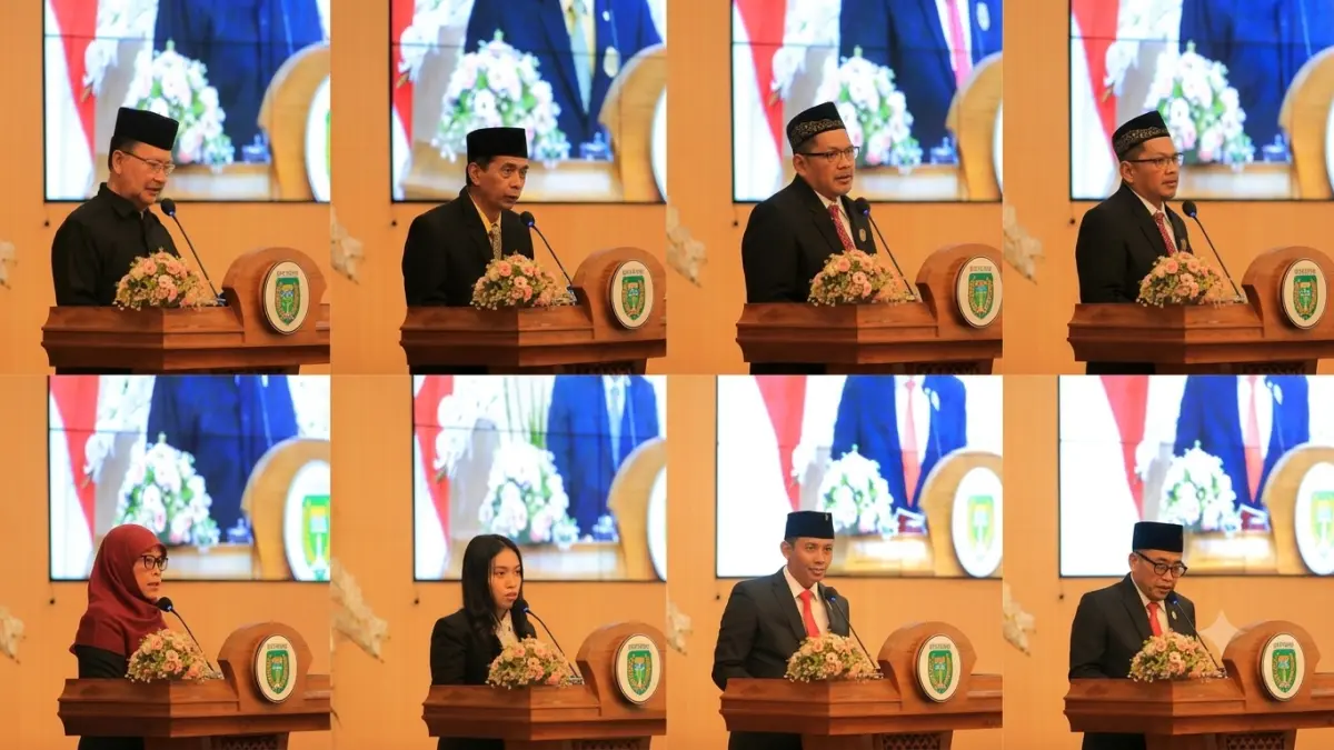 PARA JUBIR: Armaya, Usman Ependi, Erlina Susilorini, Citra Kristin, Sugeng, drg. Indah Sat Rachmaniati, Sudarmaji, dan Lanjar Susilo bergantian menyampaikan pandangan umum fraksi terhadap rancangan P-APBD Kota Madiun 2026, kemarin (26/8).