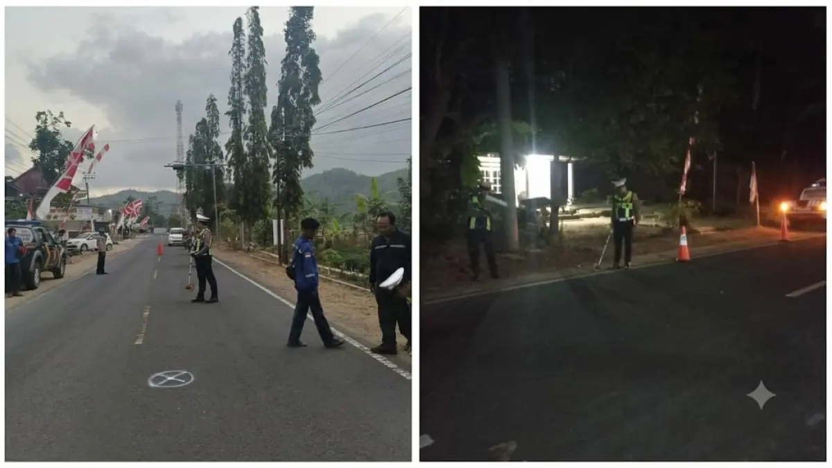 Satlantas Polres Pacitan melakukan olah TKP kecelakaan di Jalan Raya Pacitan–Trenggalek, Ngadirojo, Sabtu (29/8). Dan, Anggota Unit Gakkum Satlantas Polres Pacitan merekonstruksi kecelakaan di Jalan Raya Pacitan–Ponorogo, Arjosari, Sabtu (29/8) malam. 