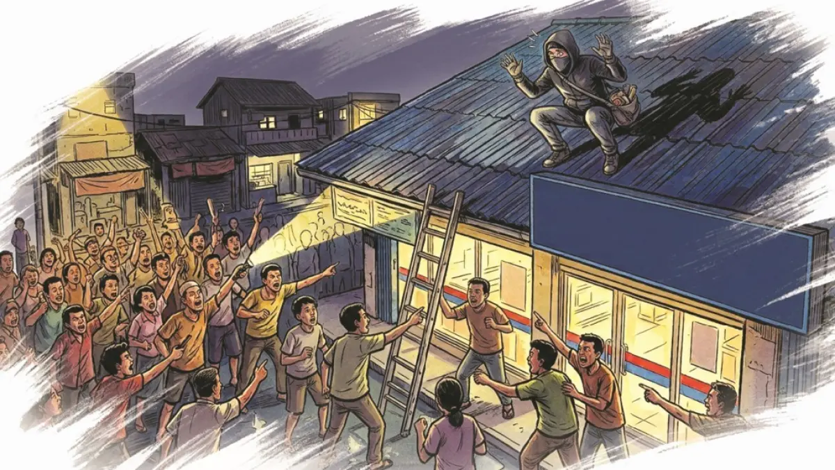 BERUJUNG MAUT: Petugas melakukan penanganan terhadap Suryanto yang ditemukan terluka parah setelah terjatuh dari atap minimarket di Desa Kandangan, Ngawi, Selasa (1/9). 