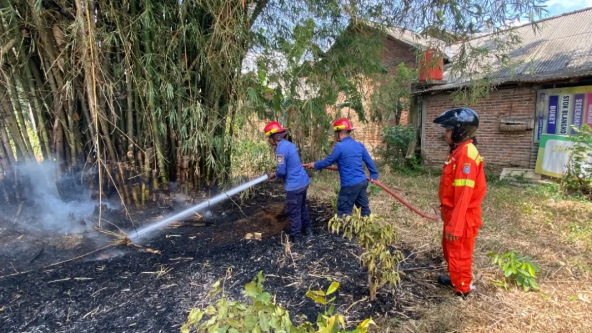 NYARIS KE PERMUKIMAN: Petugas Damkar Pacitan memadamkan kebakaran lahan di Desa Nanggungan, Kecamatan Pacitan, Senin (7/9). SATPOL PP DAN DAMKAR PACITAN