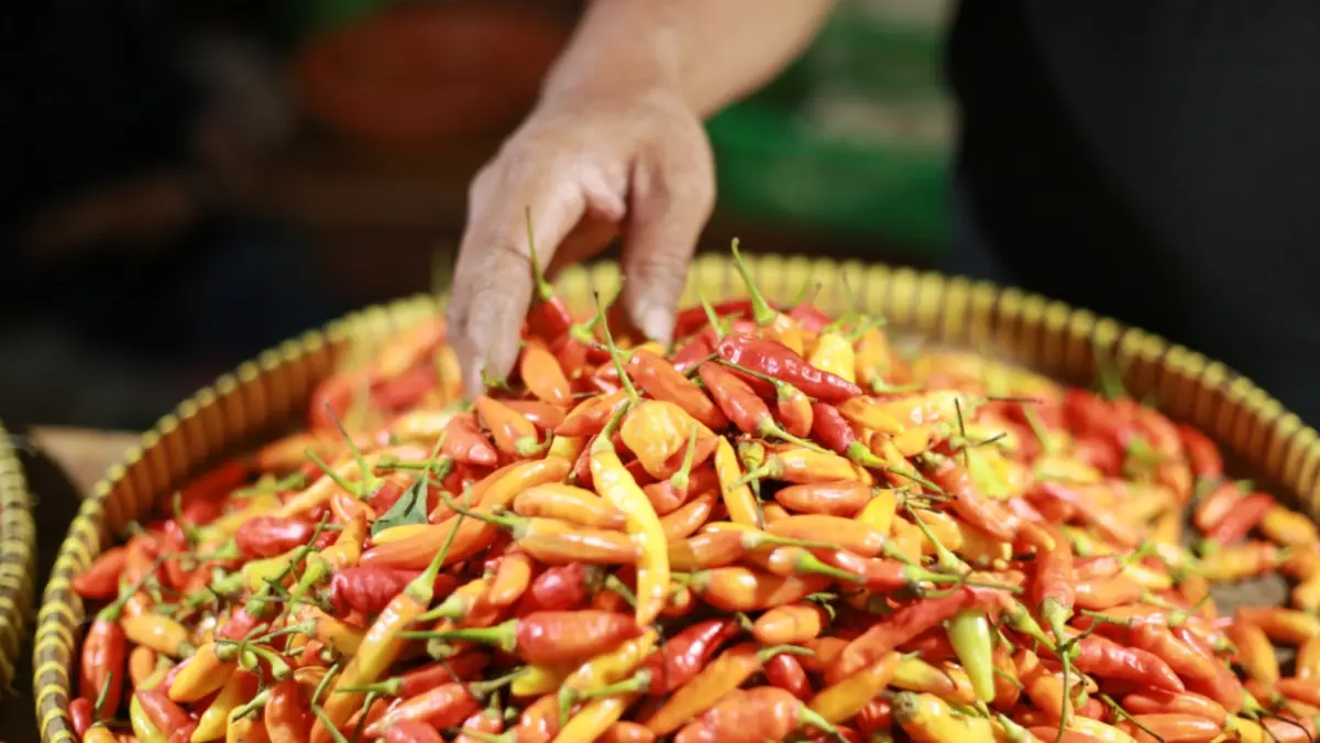 MAKIN PEDAS: Pedagang menjajakan cabai di pasar tradisional Kabupaten Madiun.
