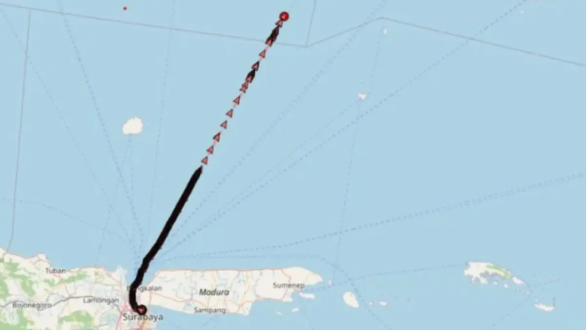 Jejak perjalanan KM Virgo Transport 8 rute Surabaya-Banjarmasin yang hilang kontak di Laut Jawa. (ANTARA)