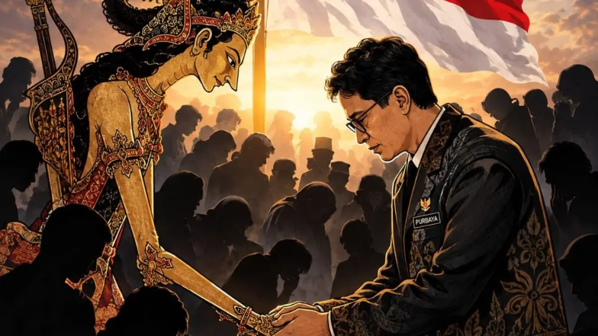 Ilustrasi tokoh cerita wayang dan mantan Menkeu Purbaya Yudhi Sadewa.