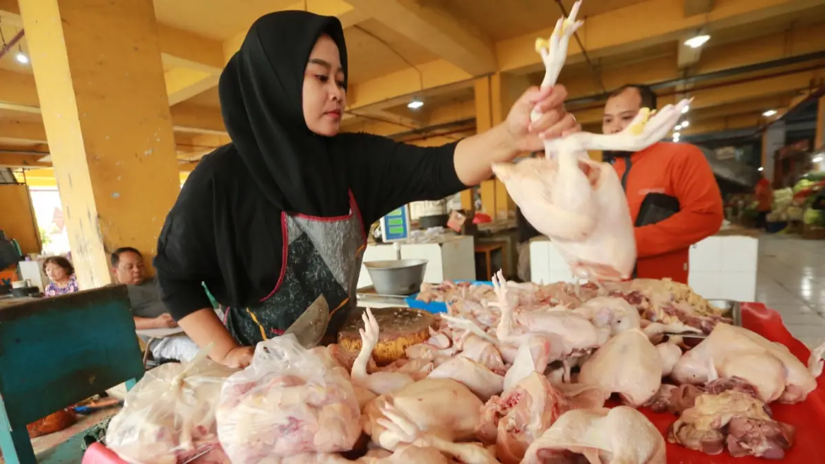 HARGA NAIK: Aktivitas perdagangan daging ayam ras di Pasar Besar Madiun. Harga komoditas tersebut naik menjadi Rp 42 ribu per kilogram dalam sepekan terakhir. BAGAS BIMANTARA/JAWA POS RADAR MADIUN